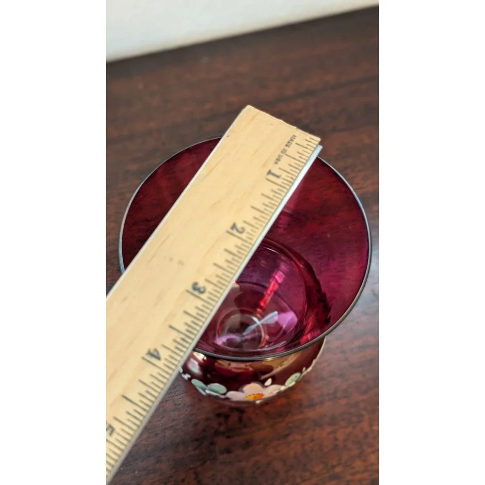 Vintage Ruby Red Glass Hand Painted Floral Vase Goblet Enamel Daisy 5in Small